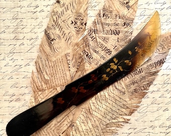 Antique Hand Painted Floral Tortoiseshell Style Dagger Letter Opener, Office Desk Decor, Office Accessory