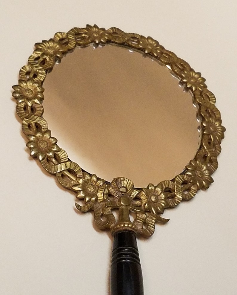 Antique Brass Hand Mirror With Flowers and Wood Handle Hand Etsy