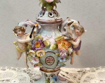 Schierholz Potpourri Urn with Cherubs and Flowers, Antique Hand Painted German Scent Jar Lid