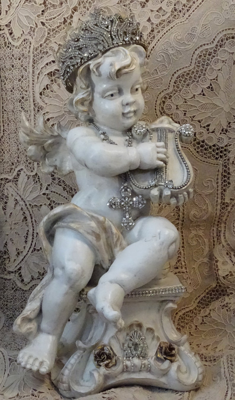 Cherub Statue Cherub With Crown and Harp Cherub Figurine Etsy
