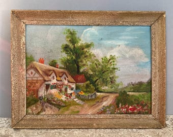 Vintage French Oil Painting Signed Cottage Garden Scene Framed Board