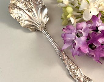 May include: A silver-toned metal serving spoon featuring an ornate, scalloped bowl embossed with a detailed grape and vine motif. The handle is similarly decorated with intricate floral and fruit relief patterns, extending into a slender neck.