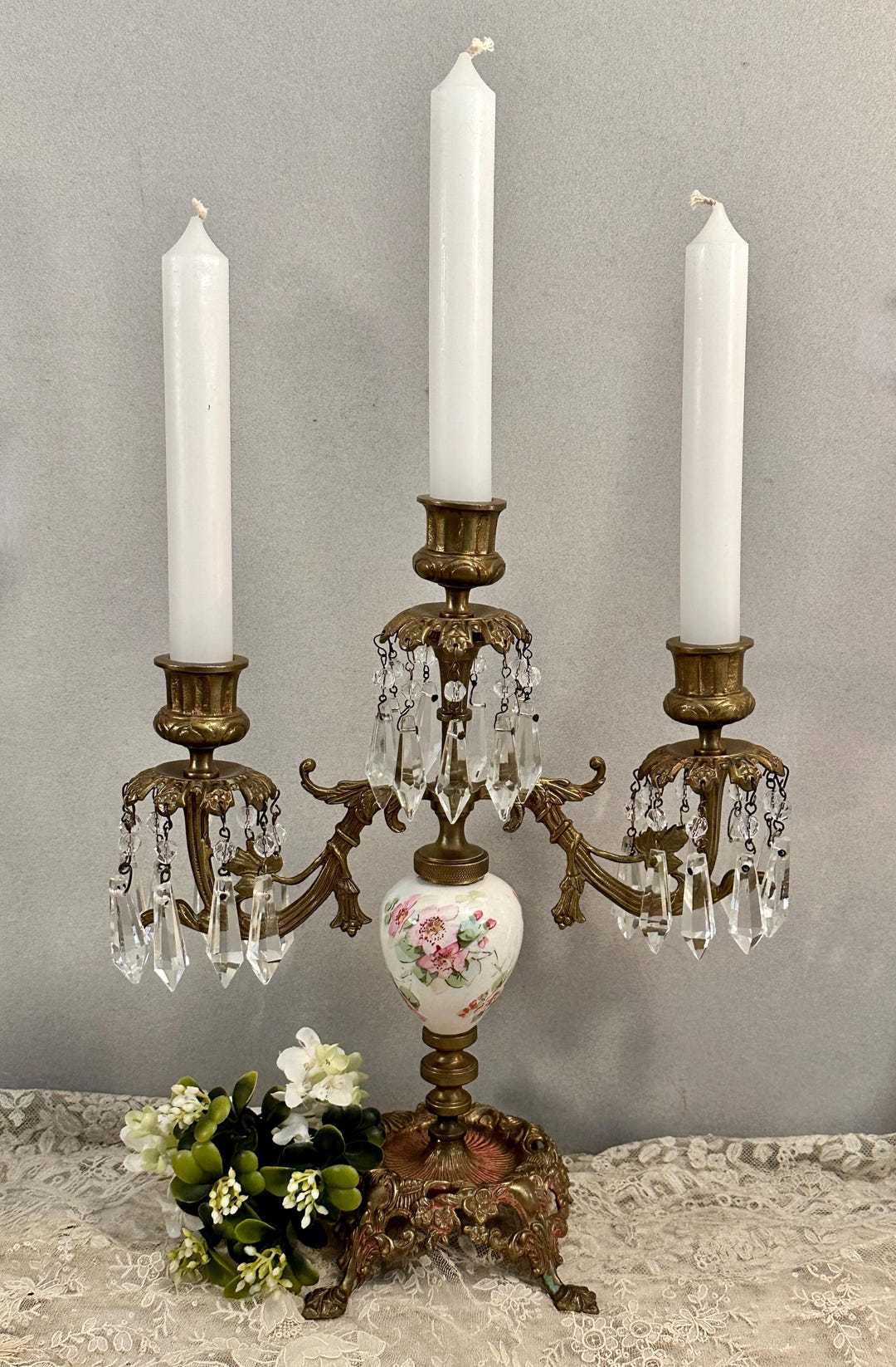 Antique 3 Candle French Bronze Porcelain Candelabra With Prisms