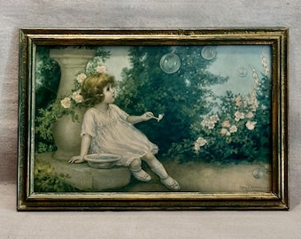 Vintage Framed Girl Blowing Bubbles by Herry F  Wireman, Art Deco Print Titled "Bubbles"