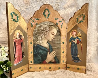 Vintage Italian Florentine Folding Triptych Icon: Madonna and Saints, Religious Art, Spiritual Decor