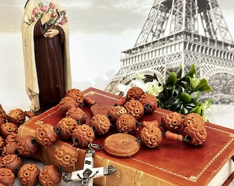 Vintage French Monks Rosary Prayer Beads, Rustic Carved Wood Beads, Large Catholic Beads, Religious Decor