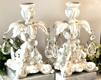 Vintage White Italian Candlestick Holders with Crystal Prisms, Ornate Metal & Marble Base