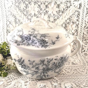 May include: White ceramic chamber pot with a lid and handle, decorated with a gray floral pattern. The pot has a rounded shape and a handle on the side. The lid has a handle on top. The floral design includes flowers and vines.