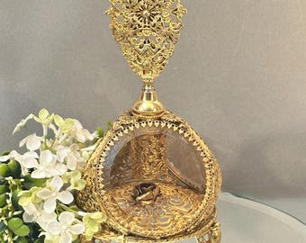 Gold Filigree Perfume with Rose, 3 Sided Ornate Ormolu Refillable Scent Bottle, Vanity Accessory Decor