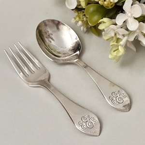Vintage Cartier Sterling Baby Fork and Spoon Monogrammed, Cartier Silver Infant Cutlery Set, Childs Fork and Spoon Set