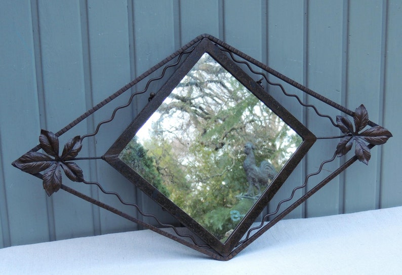 Vintage French Art Deco Iron Mirror Wrought Edgar Brandt Style Hanging Wall Country Farmhouse Decor