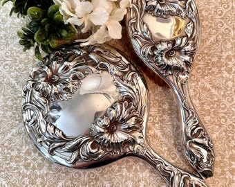 Antique Silver Floral Hair Brush and Hand Mirror with Poppies, Silver Plated Brush Set, Silver Brush and Hand Mirror Vanity Dresser Set