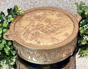 Vintage PNCW USA Dresser Jar, Romantic Scene Brass Powder Box, Ornate Scenic Gold Trinket Jewelry Box, Glass Brass Candy Box