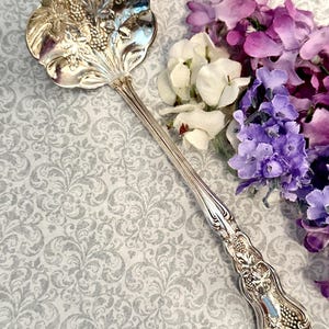 May include: A silver serving spoon with a decorative grape and leaf design. The spoon has a detailed handle and a scalloped bowl. The background includes purple, white, and lavender flowers.