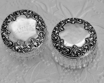 Antique Sterling Cut Glass Rouge Jar, Floral Repousse Lid, Art Nouveau Vanity Container