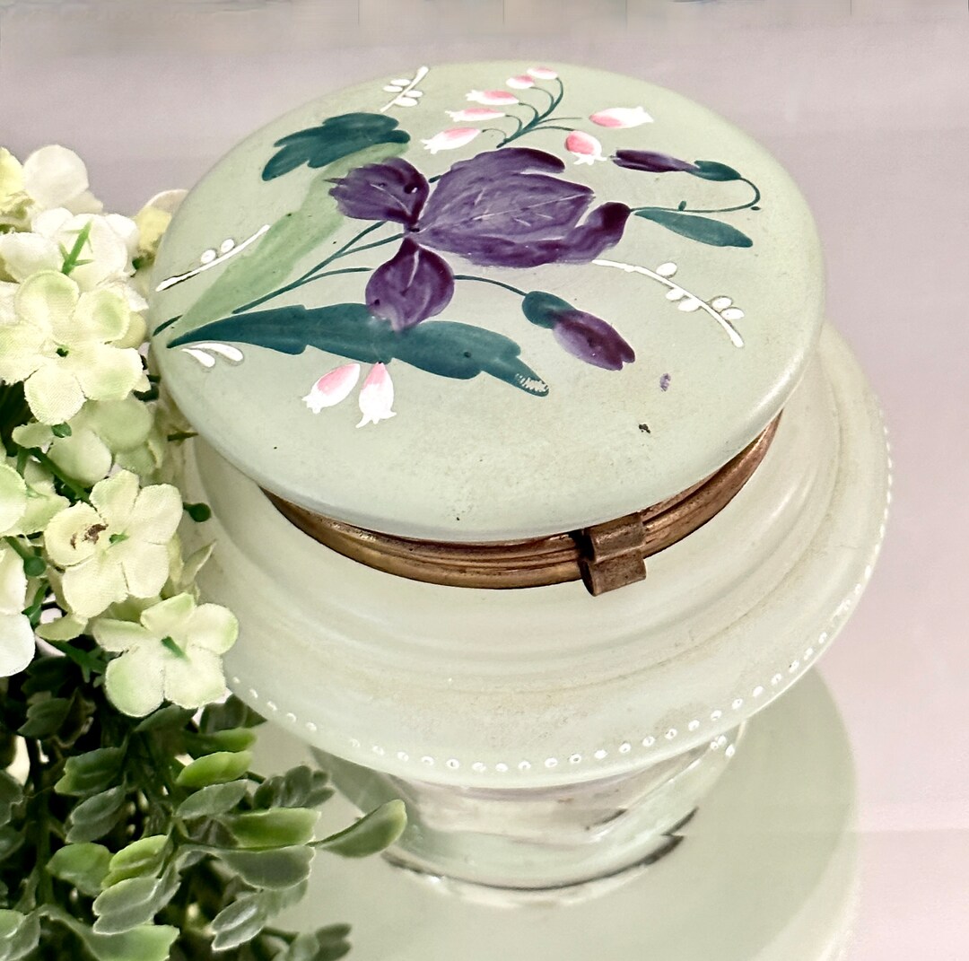 Vintage Glass Powder Jar With Flowers Green Glass Dresser Jar Etsy