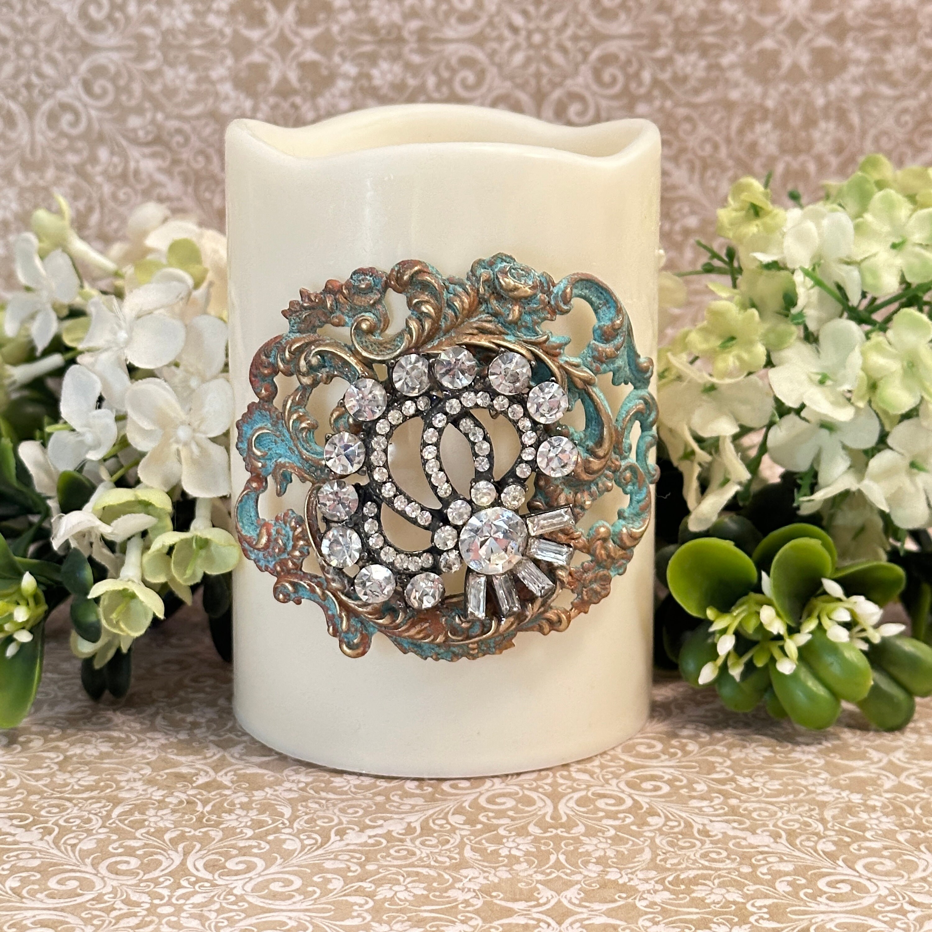Ornate Rhinestone Candle Pin with Candle, Rhinestone Medallion Pillar Candle Pin, Handmade Candle Pin, Candle with Pin Embellishment