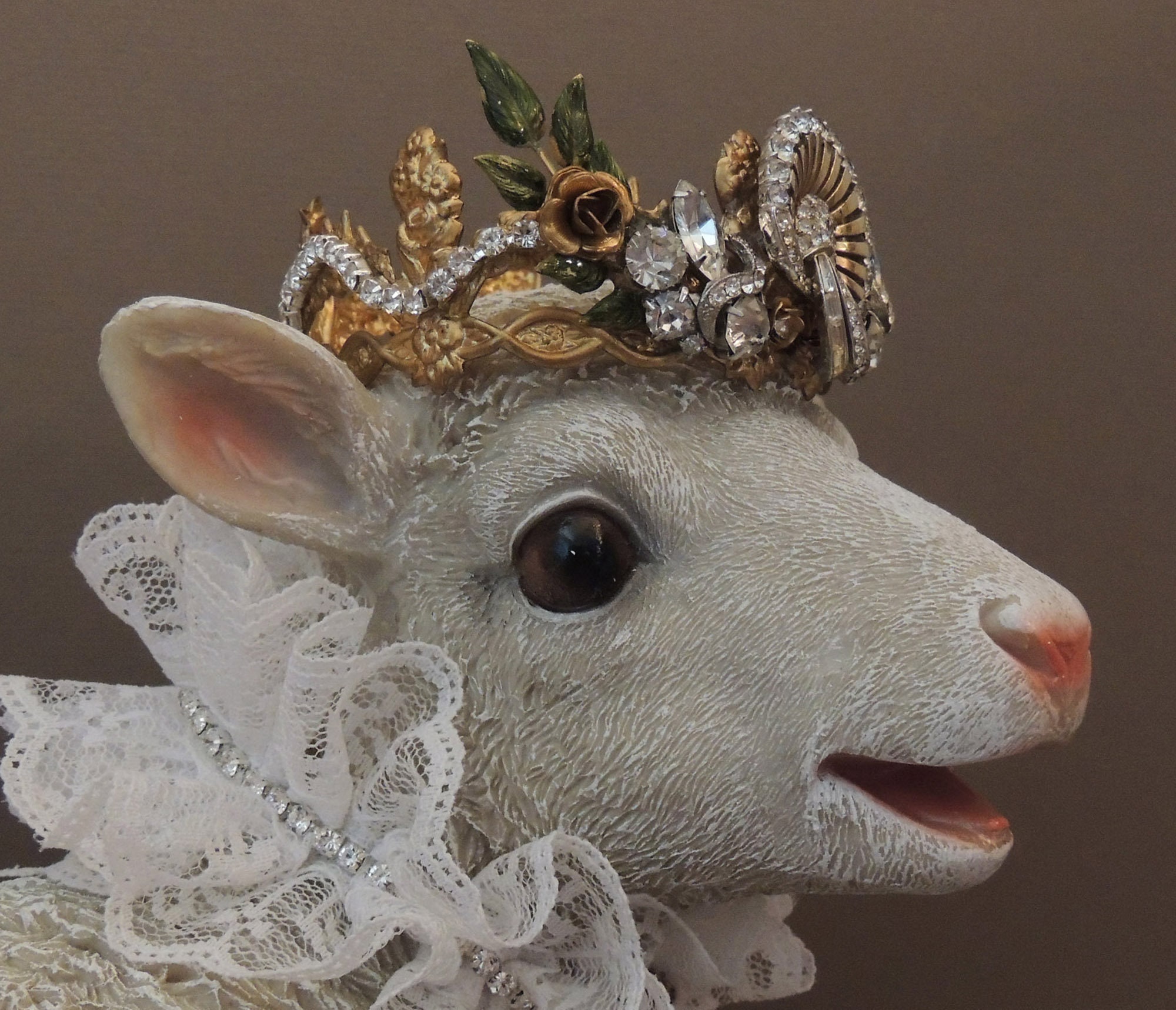 Lamb With Crown Statue, Standing Life Size Baby Lamb Statue