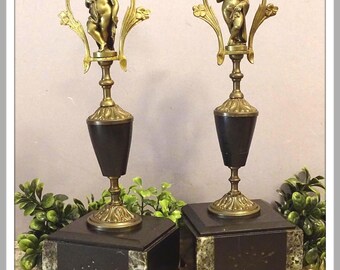 Antique Bookends with Cherubs Pair, French Figural Bronze Marble Bookends, 19th Century Victorian Bookends, Office Decor, Library Decor
