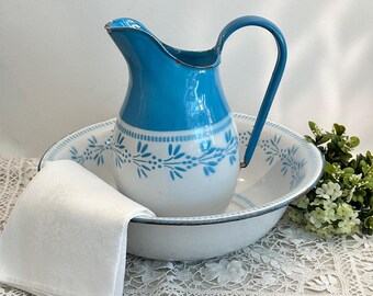 Vintage French Enamelware Pitcher and Bowl Set, Blue and White Decor, French Country