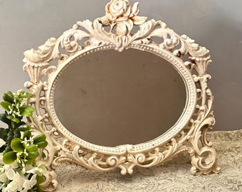 Vintage Cast Iron White Distressed Oval Tabletop Dresser Mirror with Rose, Gate Leg