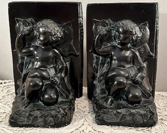 Antique Art Deco Black Iron Bookends with Cherubs By Ronson,  Office Decor