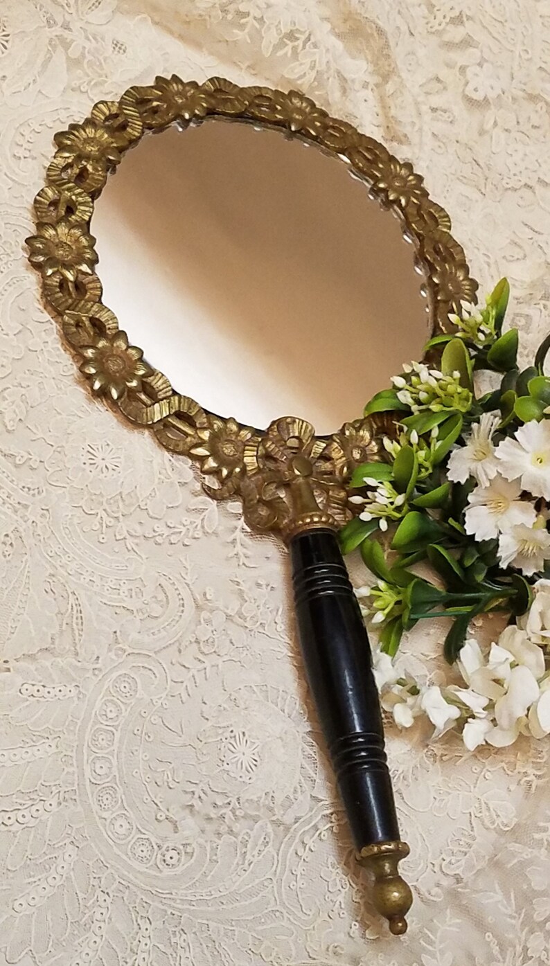 Antique Brass Hand Mirror With Flowers and Wood Handle Hand Etsy