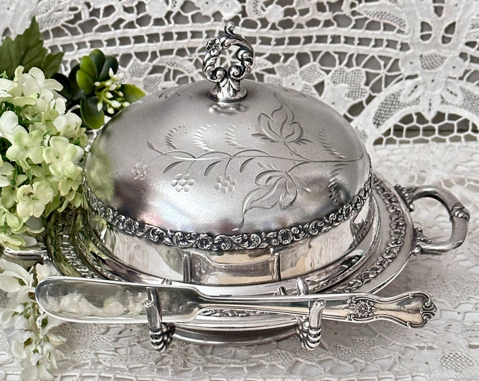 Antique Covered Butter Dish With Knife, Pairpoint Butter Caviar Dish, Victorian Silver Caviar