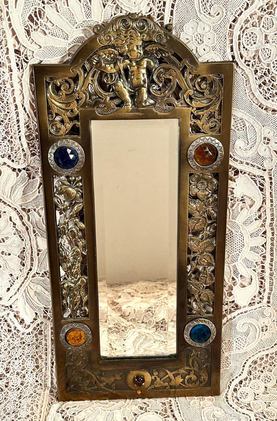 Vintage Jeweled Bronze Wall Mirror With Cherub, Mirror Wall Decor ...