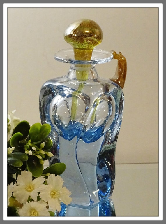 Vintage Blue Art Glass Perfume, Art Glass Cologne 