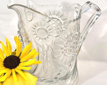 Pressed Glass Pitcher with Sunflowers, Vintage Glass Serving Pitcher with Flowers, Floral Glass Pitcher