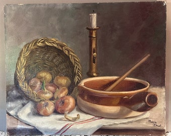 Vintage Onions Still Life Oil Painting, Artist Signed Oil on Canvas, French Vegetable Still Life