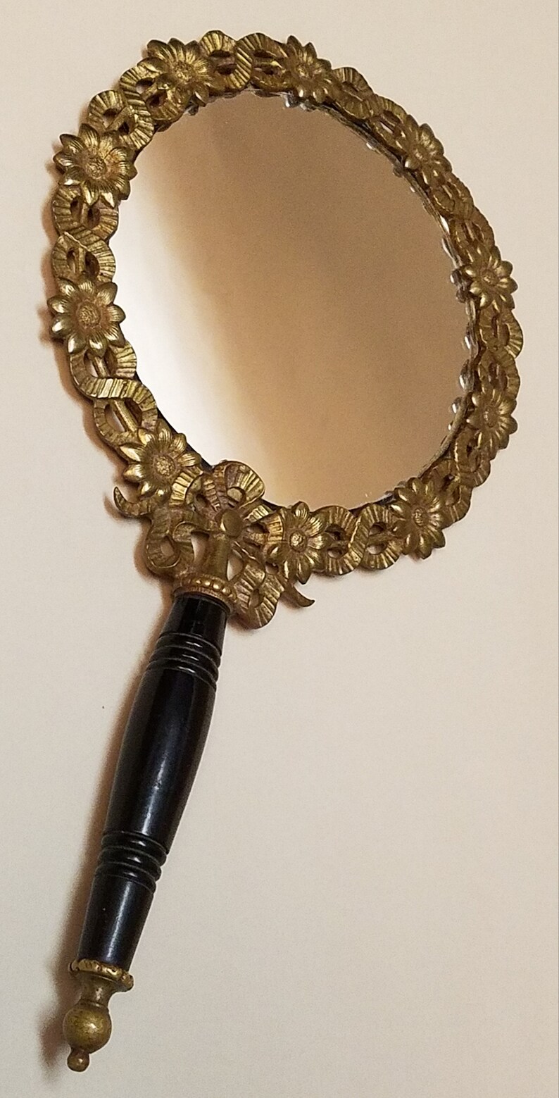 Antique Brass Hand Mirror With Flowers and Wood Handle Hand Etsy