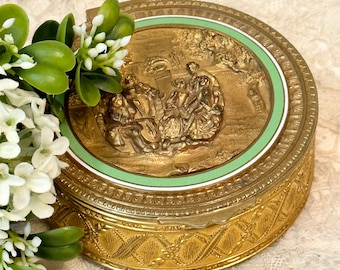 Vintage French Gold Dresser Powder Box with Musicians Green Enamel,  Vanity Decor, Brass Candy Box,