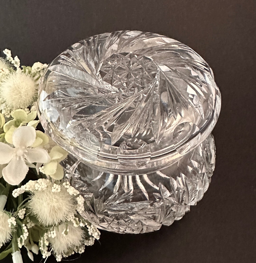 Antique American Cut Crystal Powder Jar, Cut Glass Vanity Dresser Jar ...
