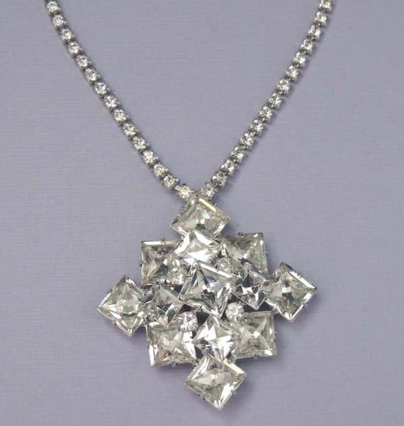 Vintage Rhinestone Pendant Necklace, Square Crystal Pendant Necklace, Rhinestone Bridal Necklace, Wedding Necklace