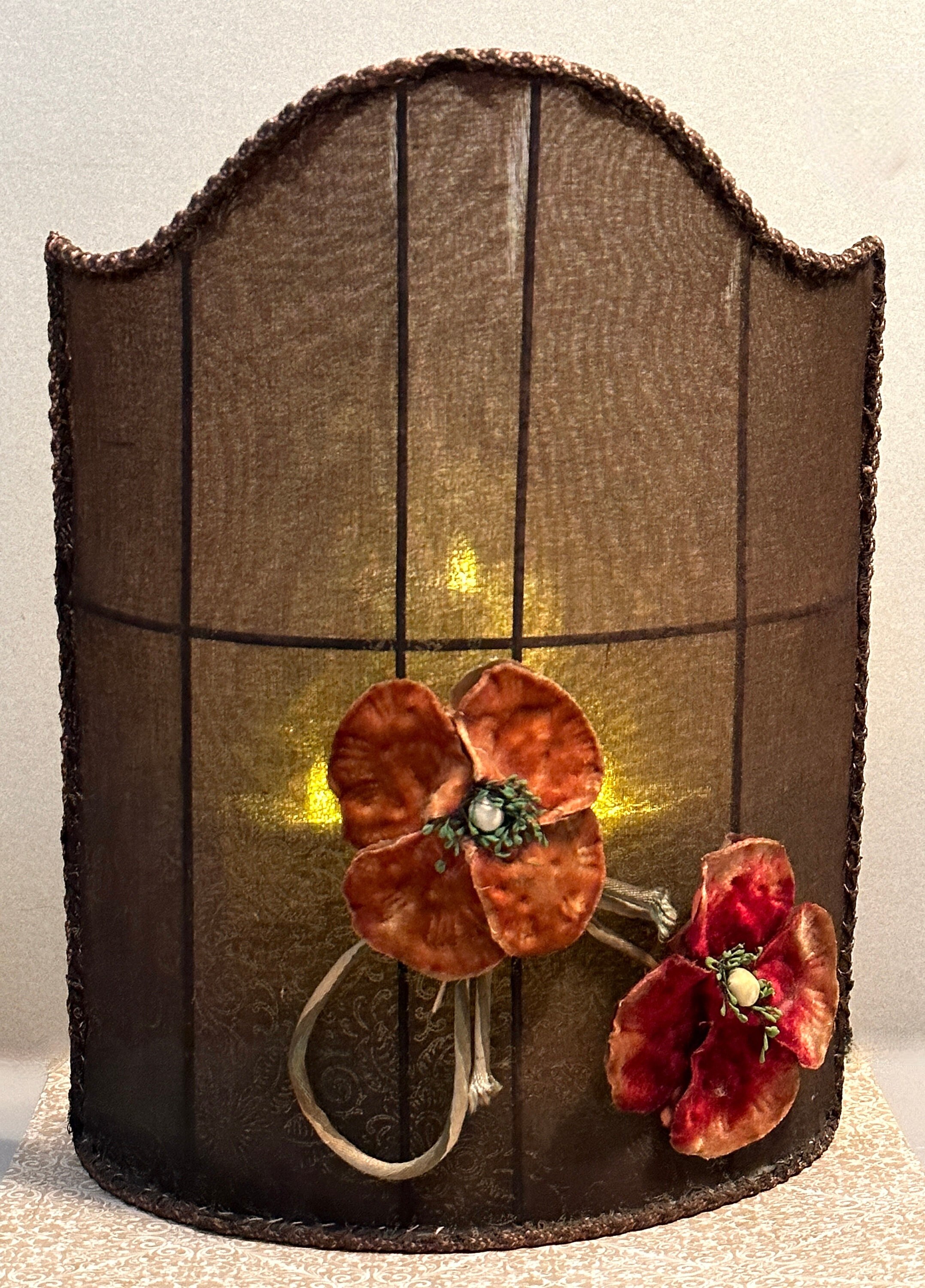Vintage Silk Half Lamp Shade with Velvet Poppy Flowers, Art Deco Half Lamp Shade with Flowers, Poppy Decor, 10.75 x 14.25 Silk Lamp Shade