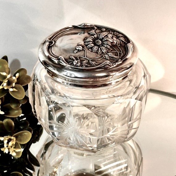 Antique Silver Lid Glass Dresser Jar, Art Nouveau 