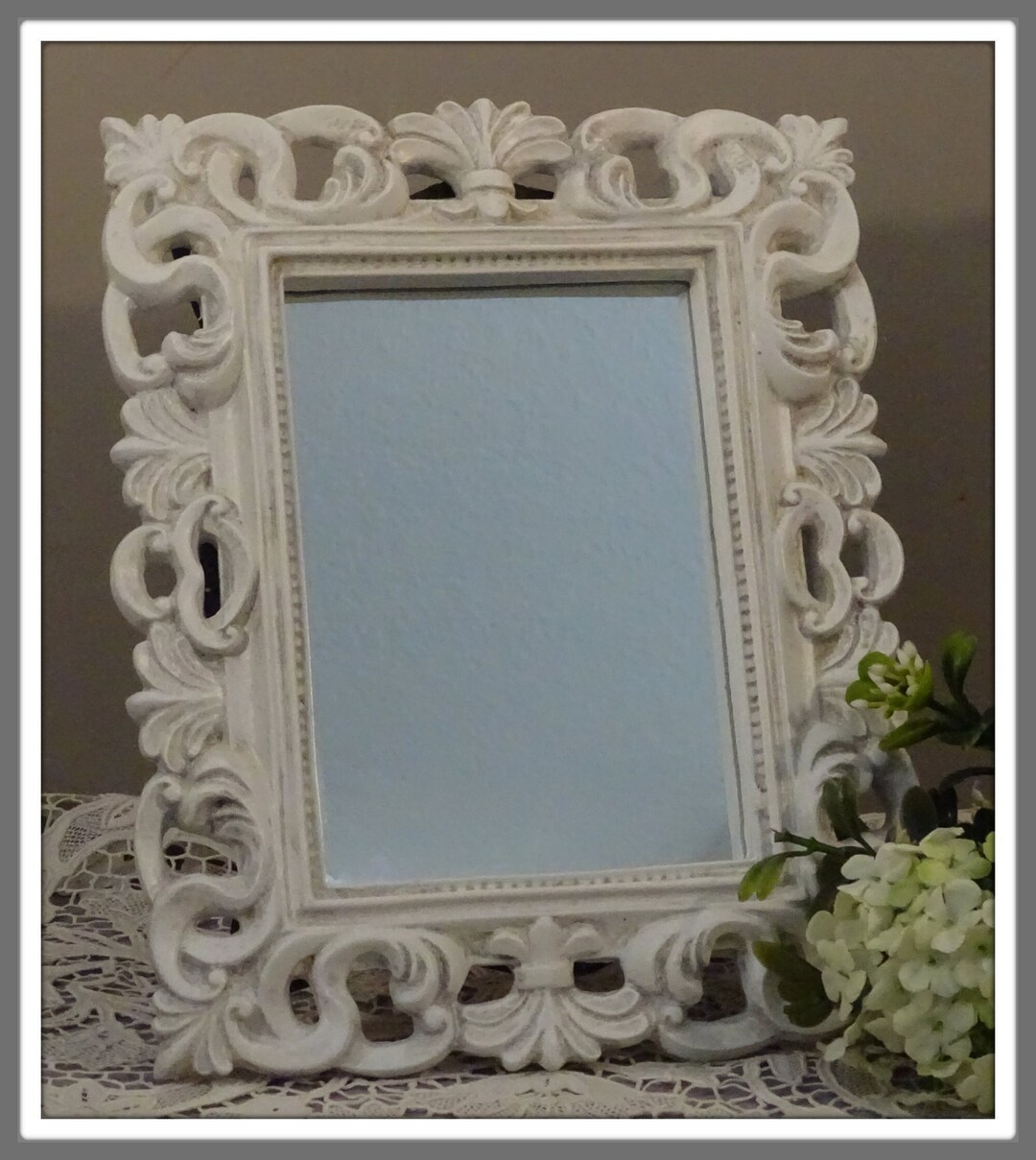 Vintage Ornate White Tabletop Mirror, Decorative Table Mirror, Bathroom