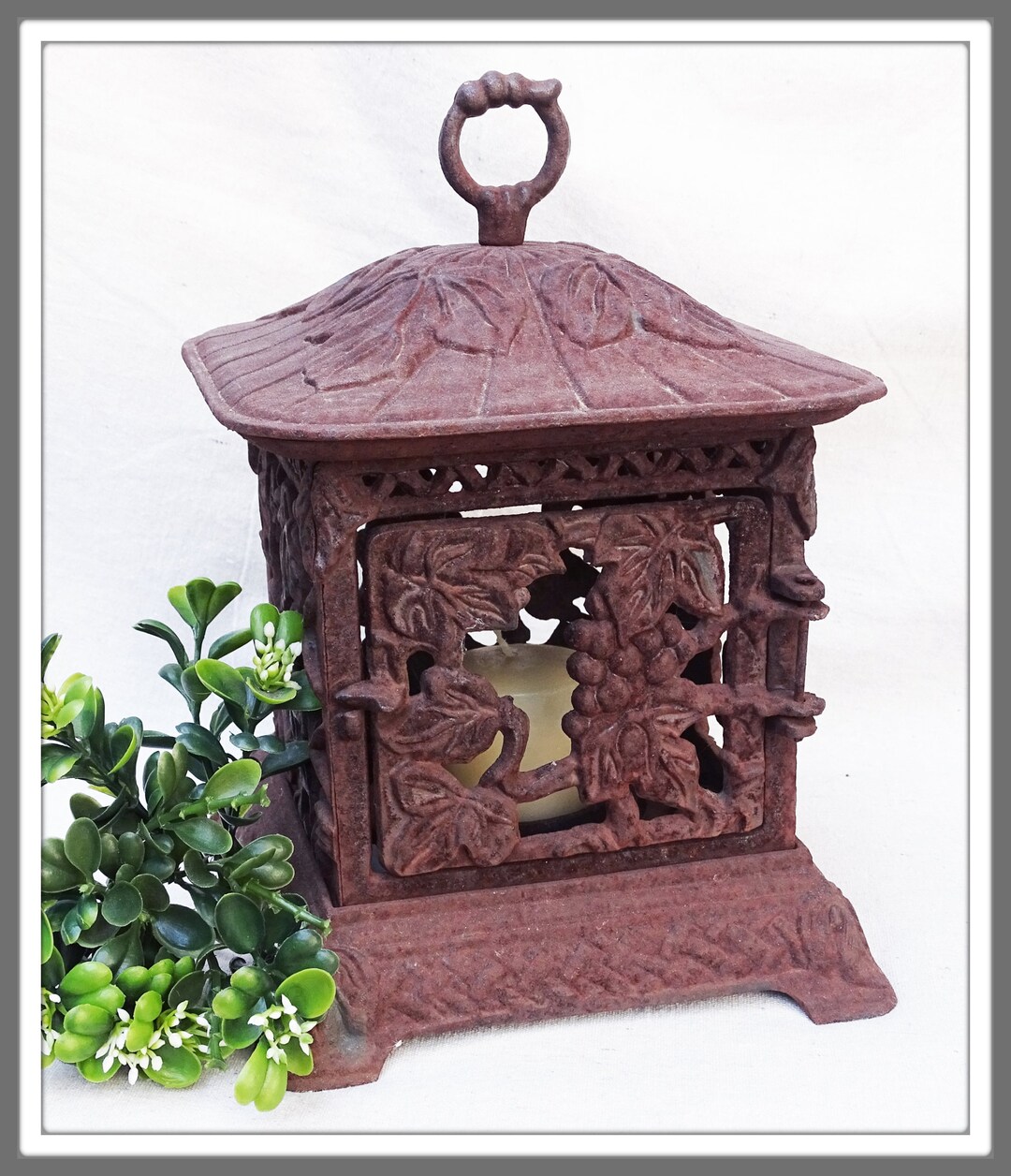 Vintage Cast Iron Lantern With Grape Pattern, Rustic Hanging Iron Lantern, Cast Iron Table