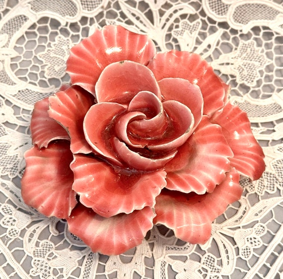 Antique French Majolica Rose Flower, Pink French Porcelain Rose