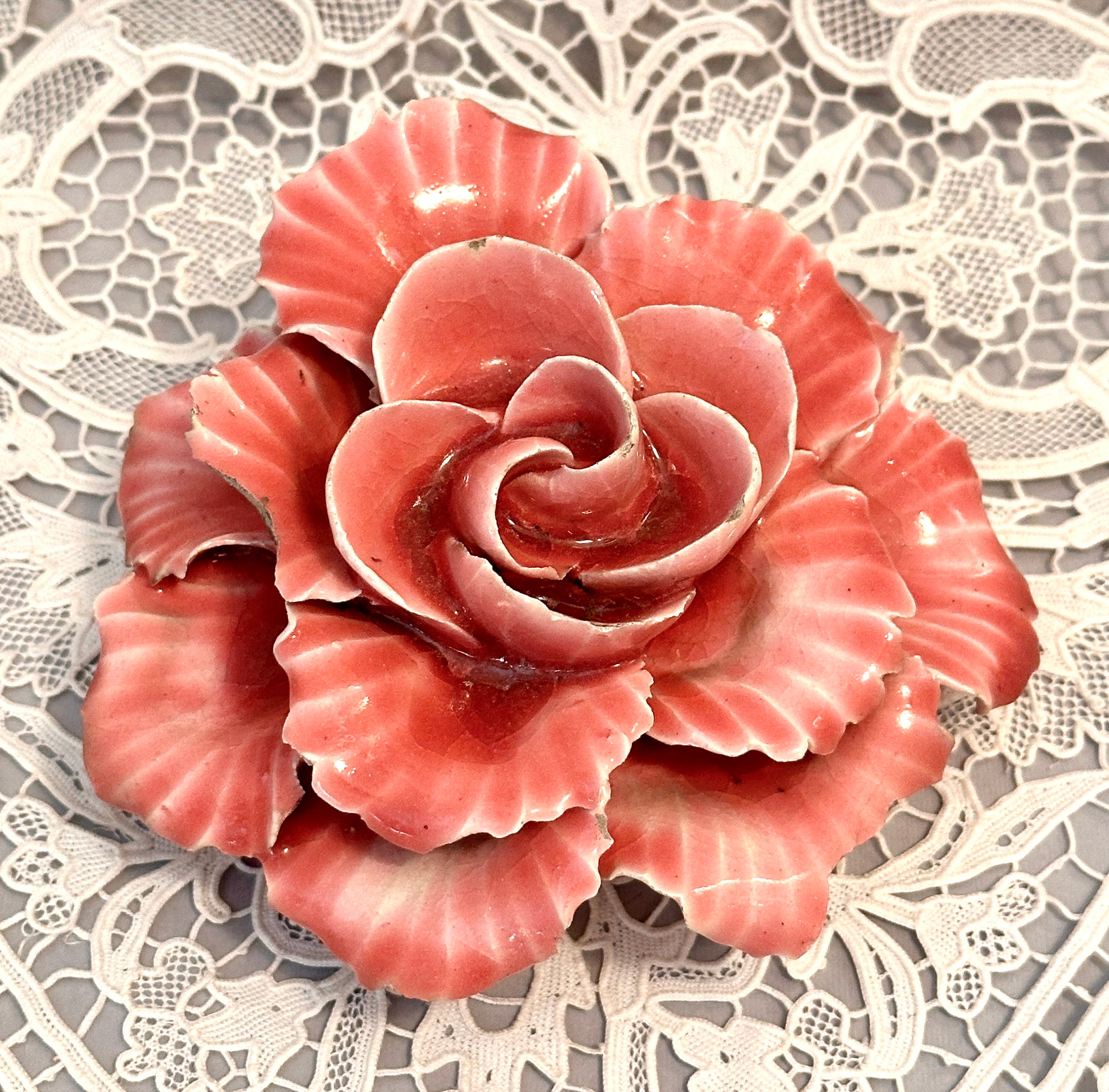 Antique French Majolica Rose Flower, Pink French Porcelain Rose