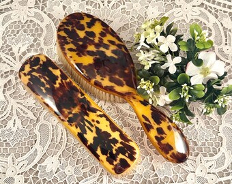 Antique Faux Tortoiseshell Brush Set, Vintage Tortoise Shell Style Hair and Clothes Brush, Vanity Decor