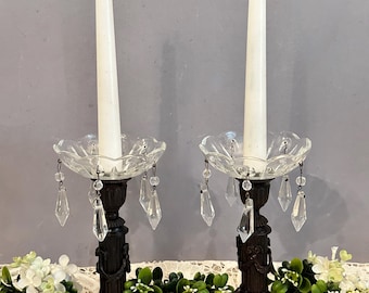 Pair of Antique French Candlestick Holders with Prisms - Art Nouveau Iron Table Mantle Lighting
