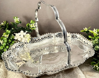 H and L G Silver Plated Victorian Serving Basket:  Victorian Engraved Wedding  Basket with Handle