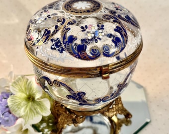 Antique Moser Blue Enameled Floral Glass Dresser Box: Bohemian Powder or Candy Jar