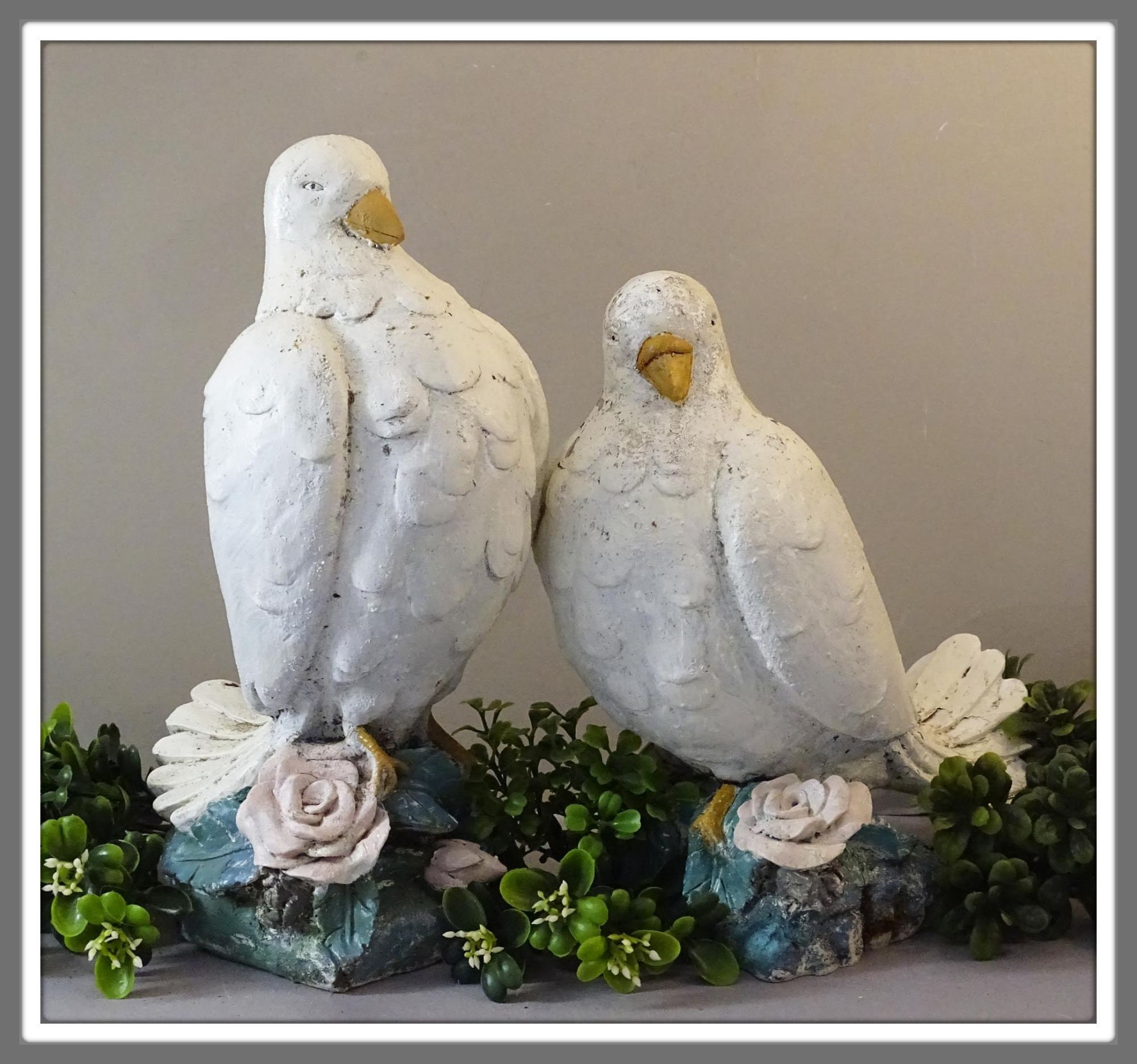 Pair Shabby Chic White Dove Statues Indoor Plaster Dove Bird Etsy