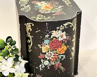 Vintage Black Metal Tole Floral Tea Tin - Chinoiserie Cookie Canister & Biscuit Box