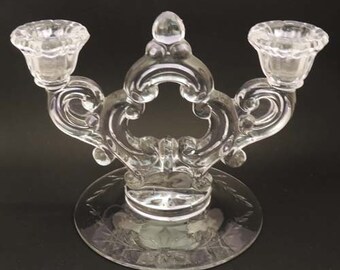 Pair of Cambridge Glass Rose Point Keyhole Candleholders, Cambridge Double Candle Holders Rosepoint Pattern 1268 , Etched Floral Candlestick
