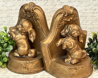 Art Deco Nuart Dog Bookends Pair, Cavalier King Charles Spaniel Dog Bookends, Gold Metal Bookends, Figural Bookends, Office Decor, Dog Decor